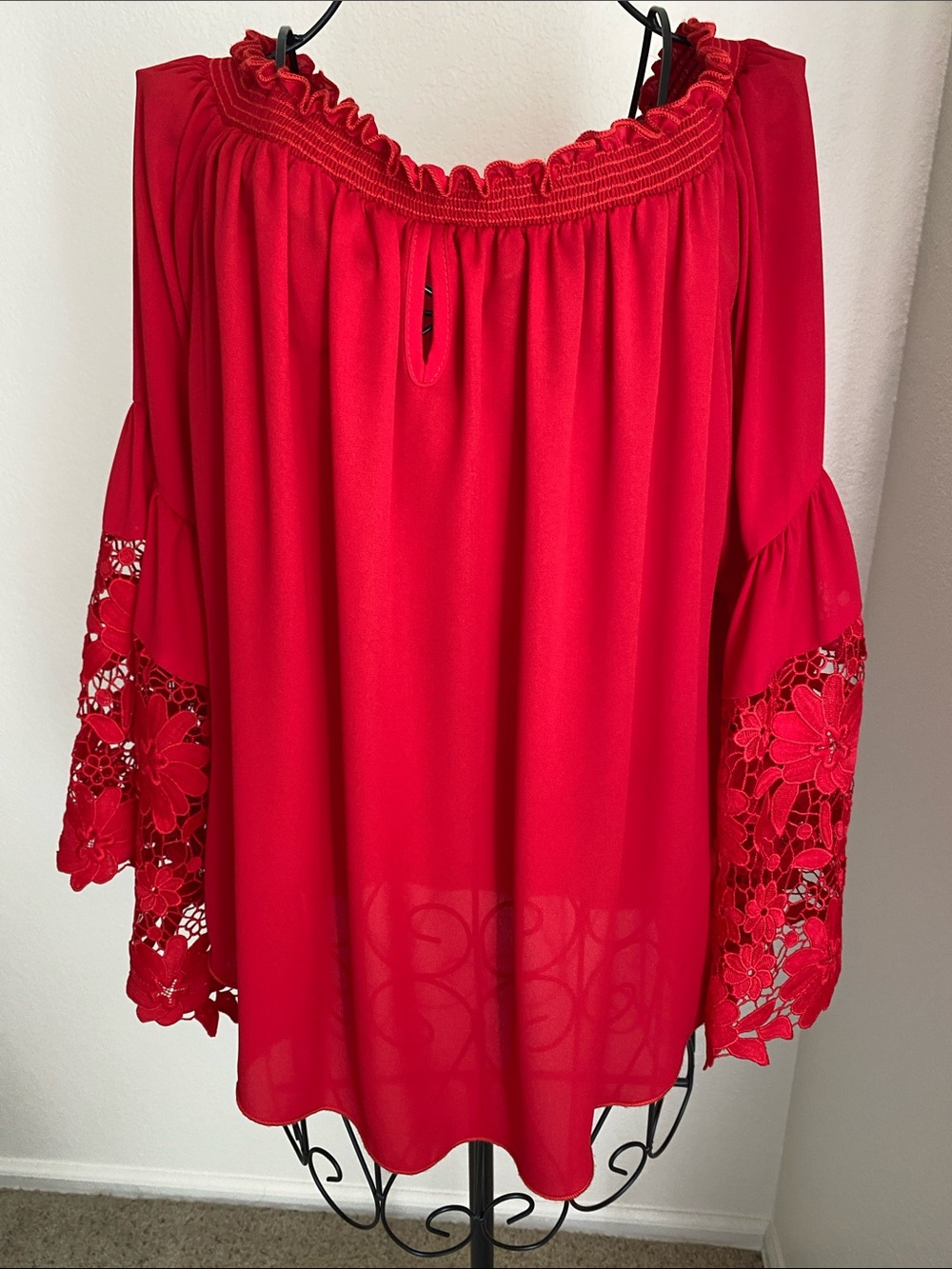 Joseph Ribkoff Red Off-Shoulder Blouse with Lace Bell Sleeves